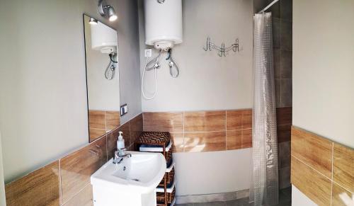 La salle de bains est pourvue d'un lavabo et d'un miroir. dans l'établissement Domek letniskowy SZARACZEK, à Okuninka