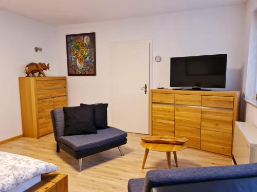 a living room with a tv and a chair and a dresser at Relax in Bad Wildbad