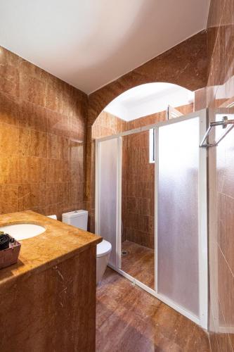 a bathroom with a shower and a toilet and a sink at SAVINKA in Ancient Epidauros