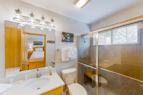 a bathroom with a shower and a toilet and a sink at Saw Mill Station 127 in Winter Park