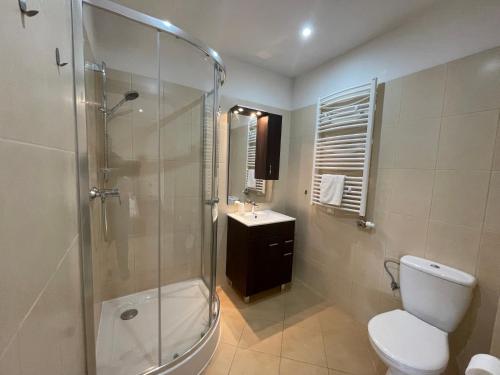 a bathroom with a shower and a toilet and a sink at Apartamenty w Rynku in Rabka