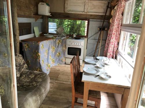 a dining room with a table and a stove at Fenêtre sur les Pyrénées in Soulan