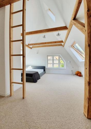 a bedroom with a loft bed and a ladder at Alte Goldschmiede Südpfalz in Klingenmünster