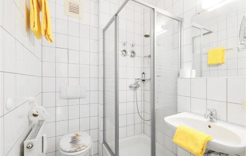 uma casa de banho branca com um chuveiro e um lavatório. em Beautiful Apartment In Viechtach With Sauna em Viechtach
