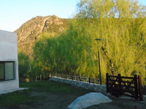 a fence and a tree with a mountain in the background at Base Manzano in Tunuyán