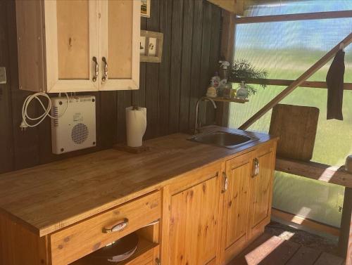 uma cozinha com um lavatório e um balcão com uma janela em Teeveere Summer House em Treimani