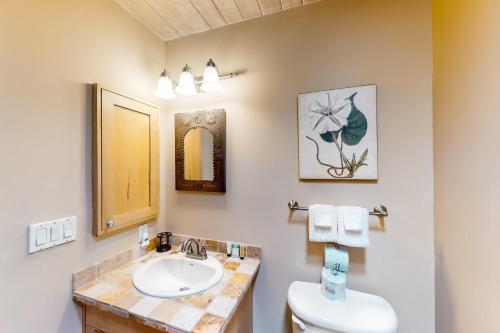 a bathroom with a sink and a toilet and a mirror at Cozy Oasis Unit 16 in Taos