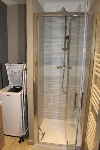 a shower with a glass door in a bathroom at Studio Les pieds dans l'eau in Dieppe