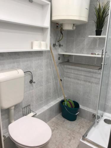 uma casa de banho com um WC e uma esfregona num balde em Panoráma em Balatonlelle