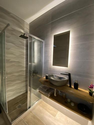 a bathroom with a sink and a glass shower at Cozy flat elix in Lefkandi Chalkidas