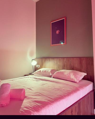 a bedroom with a large bed with pink pillows at Villa Flora in Gonio