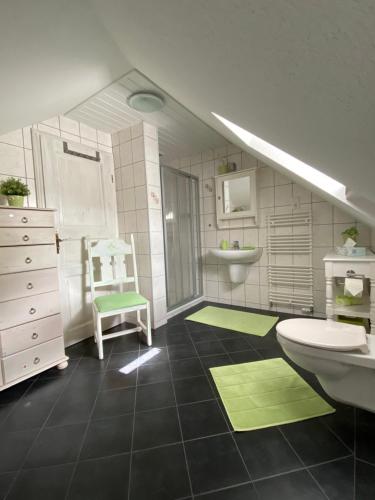 a bathroom with a sink and a toilet and a chair at Ferienwohnung-Treeneblick in Schwabstedt
