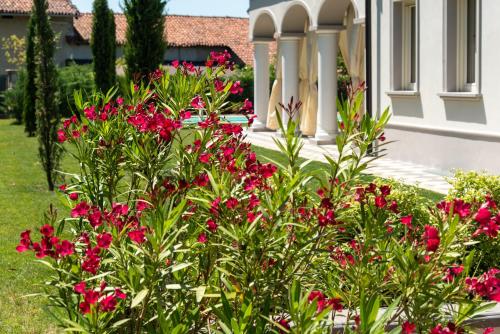 a garden with pink flowers in front of a house at Villa San Martino in Albiano dʼIvrea
