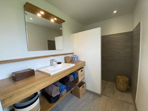 une salle de bain avec un lavabo et un miroir dans l'établissement Villa neuve en bois avec WIFI et jardin, à proximité de la plage de Trestraou, Perros-Guirec - FR-1-368-353, à Perros-Guirec