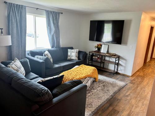 a living room with a couch and a tv at The Perfect 3 Bedroom Apartment - Central location in Fairbanks