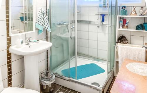 a bathroom with a shower and a sink at Cozy Home In Repvg With House A Panoramic View in Repvåg