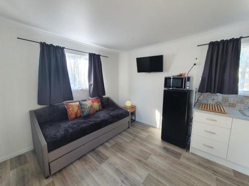 uma sala de estar com um sofá e um micro-ondas em Rose City Caravan Park em Warwick