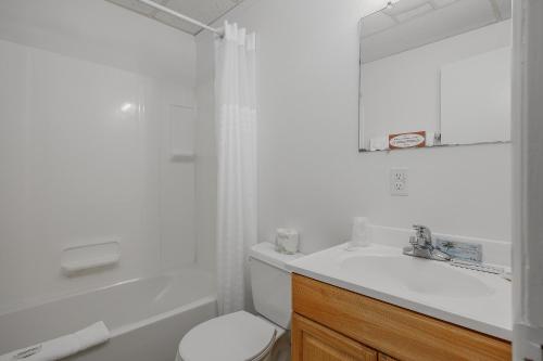 Golden North Inn في فيربانكس: حمام مع حوض ومرحاض ومرآة