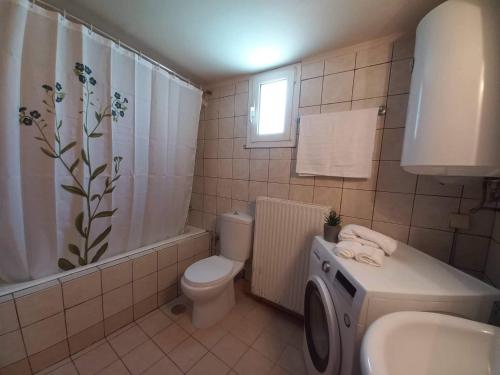 ein Badezimmer mit einem Waschbecken und einer Waschmaschine in der Unterkunft Casa Constans in Maleme