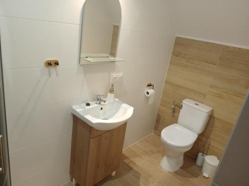 a white bathroom with a toilet and a sink at Pensjonat Mickiewicz in Sandomierz