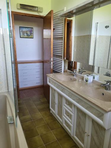 une salle de bain avec deux lavabos et un grand miroir dans l'établissement Domaine du gros pata, à Vaison-la-Romaine