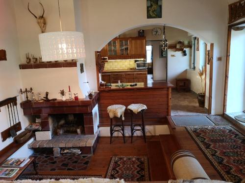 a living room with a fireplace and a kitchen at Country house Horné Držkovce in Horné Držkovce