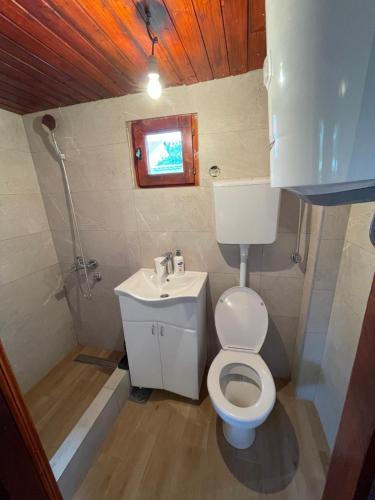 a small bathroom with a toilet and a sink at Wooden House in Podgorica
