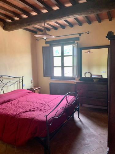a bedroom with a red bed and a mirror at Podere le Mulina in Castiglione dʼOrcia