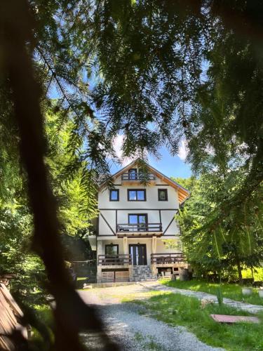 a house seen through the trees in front at Cabana din Pădure in Porumbacu de Sus