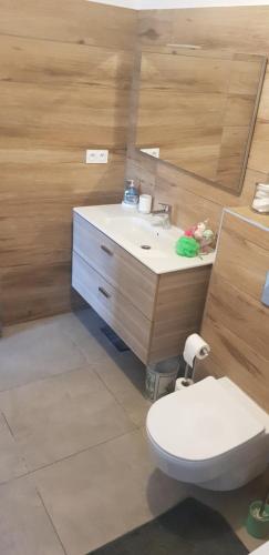 une salle de bain avec des toilettes blanches et un lavabo dans l'établissement Maison sur les hauteurs d'Ajaccio, à Valle-di-Mezzana