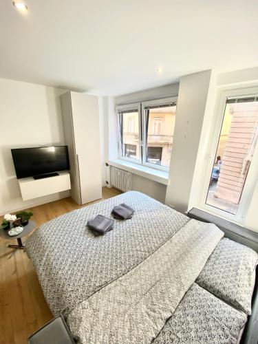 um quarto com uma cama grande e uma janela grande em [Udine Centro] • NEW • Appartamento Moderno em Udine