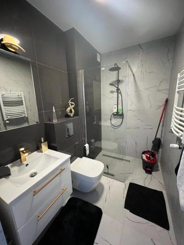 a bathroom with a sink and a toilet and a shower at Black Amber in Władysławowo