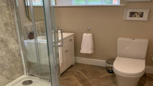 a bathroom with a shower and a toilet and a sink at Oulton Park Lodge in Little Budworth