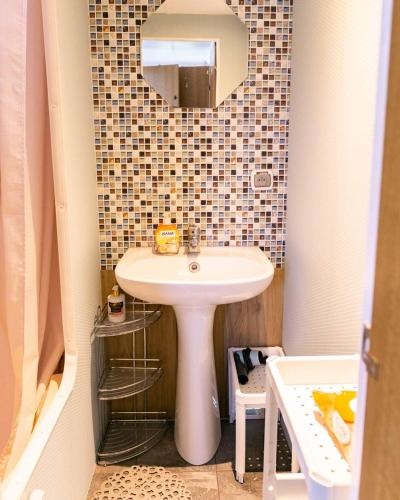 a bathroom with a white sink and a mirror at Uroczysko Warta in Uniejow