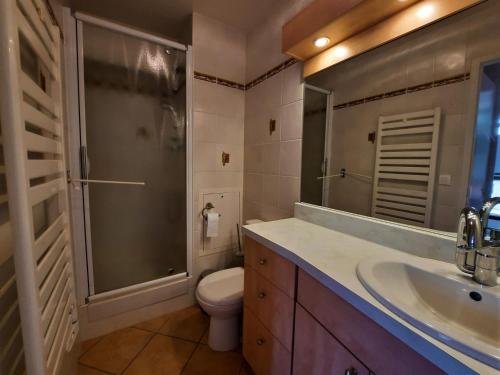 une salle de bain avec toilettes, lavabo et douche dans l'établissement Studio 3 personnes avec balcon aux Menuires, ski aux pieds - FR-1-452-50, aux Menuires