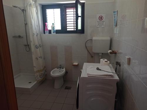 ein Bad mit einem WC, einem Waschbecken und einer Dusche in der Unterkunft Apartment Dunka in Martinšćica