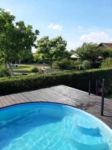 a plunge pool in a backyard with trees in the background at Tisza Lodge B&B - Panzió in Tiszaderzs