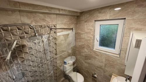 a bathroom with a shower and a toilet and a window at City apartment 3 in Visoko