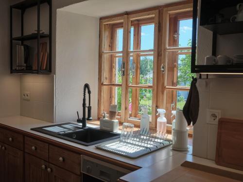 a kitchen with a sink and a window at Aigen 13 - Dreiviertelhof im Waldviertel in Aigen