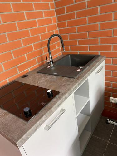 a kitchen with a sink and a brick wall at Spa102 in Pobierowo