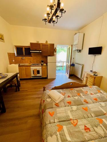 a living room with a bed and a kitchen at Green Riviera Case Vacanza in Borzonasca