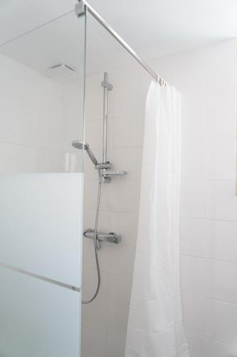 d'une douche avec une porte en verre et un rideau de douche. dans l'établissement La dépendance de l'océan, à Biscarrosse
