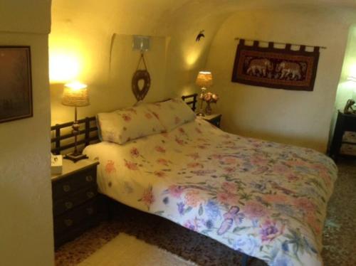 1 dormitorio con 1 cama y mesita de noche con 2 lámparas en Traditional Spanish cave house in Alguena, en Algueña
