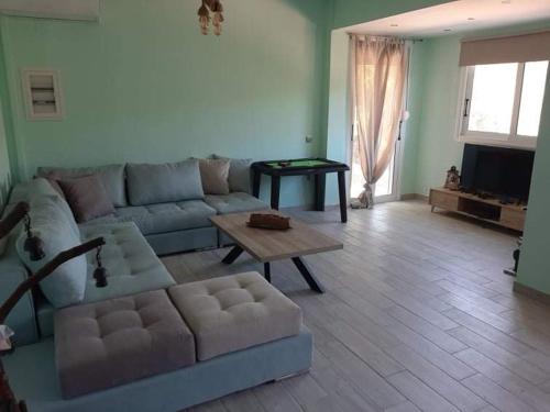 sala de estar con sofá y mesa en Corfu Sunset family apartment, en Liapades