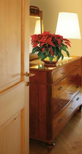 a dresser with a vase of red flowers on it at Villa Busta Hotel in Montebelluna