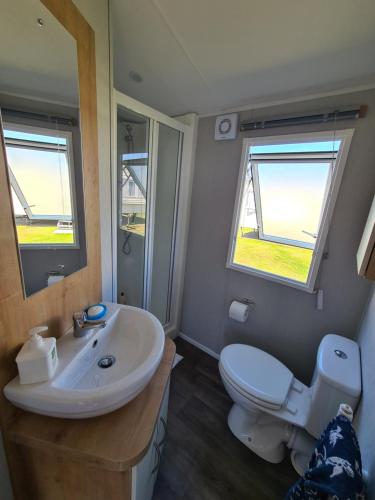 La salle de bains est pourvue de toilettes, d'un lavabo et d'un miroir. dans l'établissement Seaside Holiday Home Inside a Resort, à Selsey