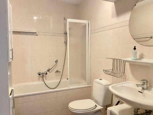 a bathroom with a shower and a toilet and a sink at Badhotel 316 in Callantsoog