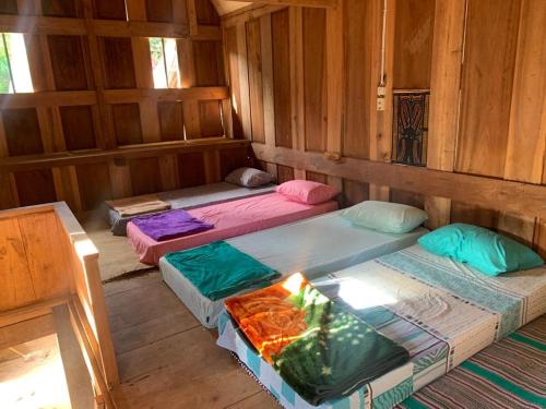 three beds in a room with wooden walls at Authentique Homestay in Rantepao