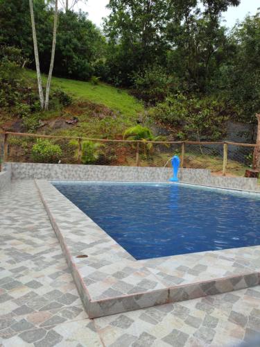 uma piscina com uma fonte no meio em Sítio e Pousada Vista Verde em Domingos Martins