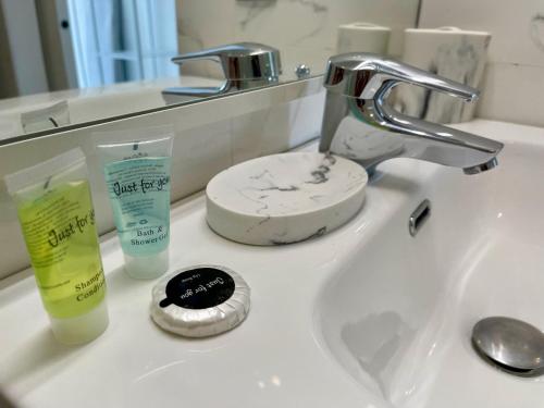 - un lavabo avec une brosse à dents et une bouteille de savon dans l'établissement Grand Sud Promenade Suite, à Nice